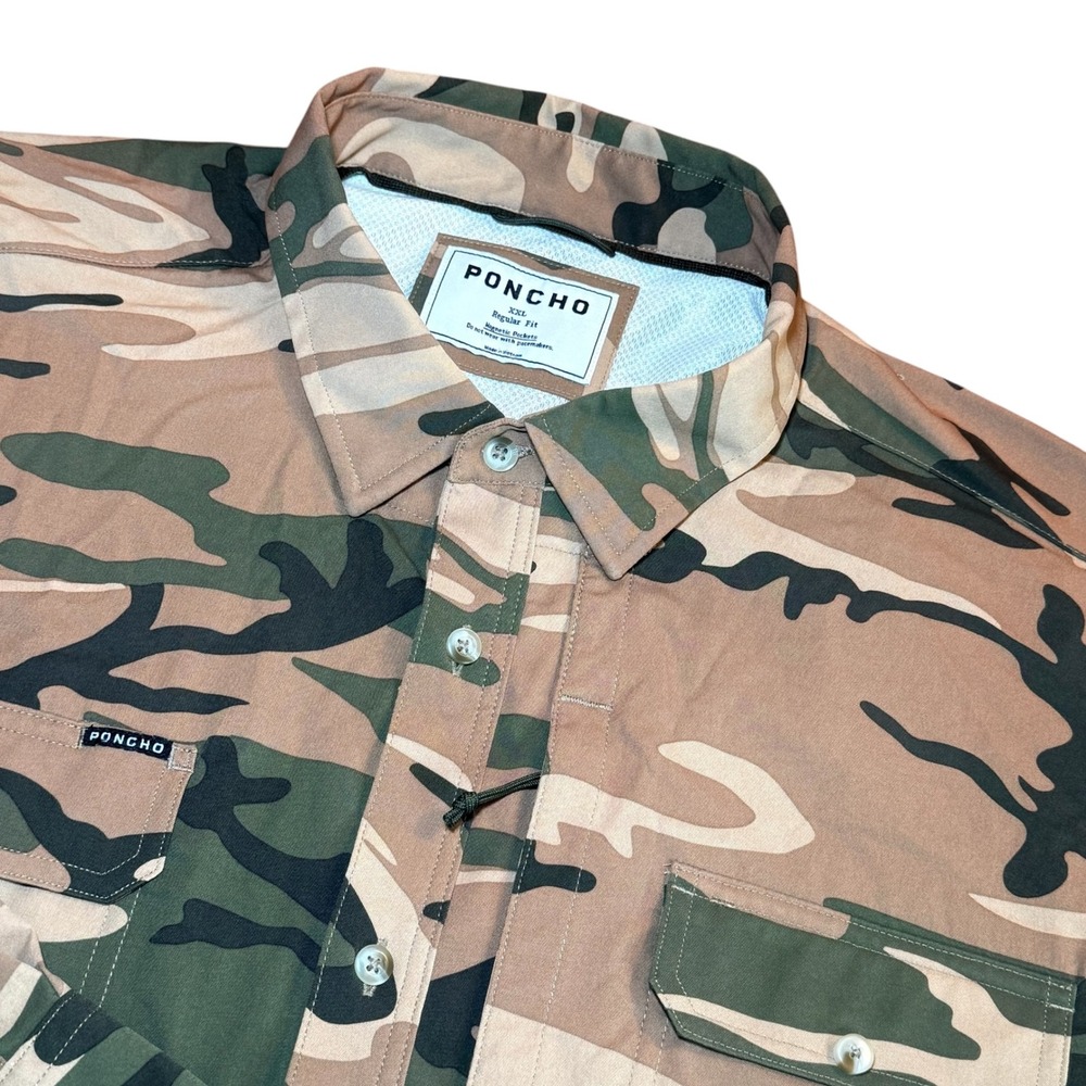 Poncho Outdoors Camo Fishing Shirt Mens XXL Regular Magnetic Pockets Long Sleeve